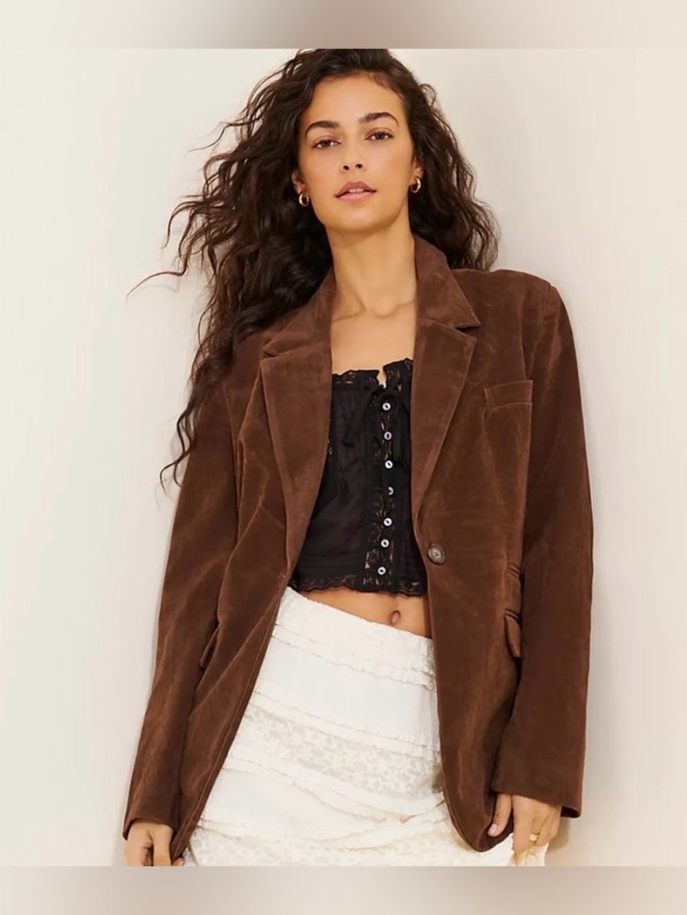 Free People Brown faux Suede Paper Cut Single-Button Blazer Jacket size Medium